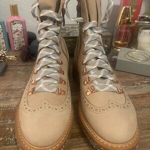 Office of Angela Scott Mr. Bernard Tan Leather Lug Sole Ankle Boots Sz.37 NWOT